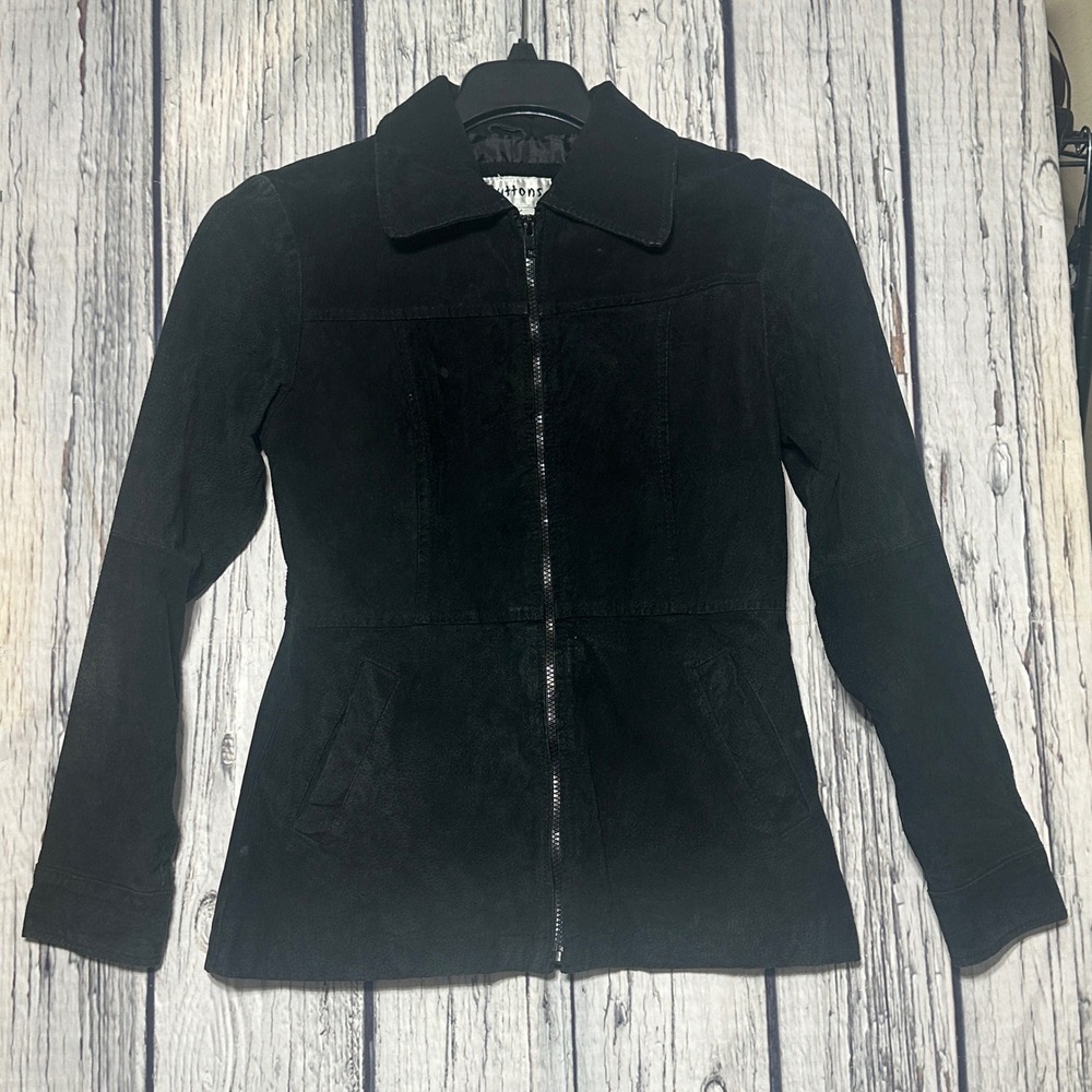 Buttons Womens Black Suede Leather Full Zip Moto Jacket Size Medium RN 57686